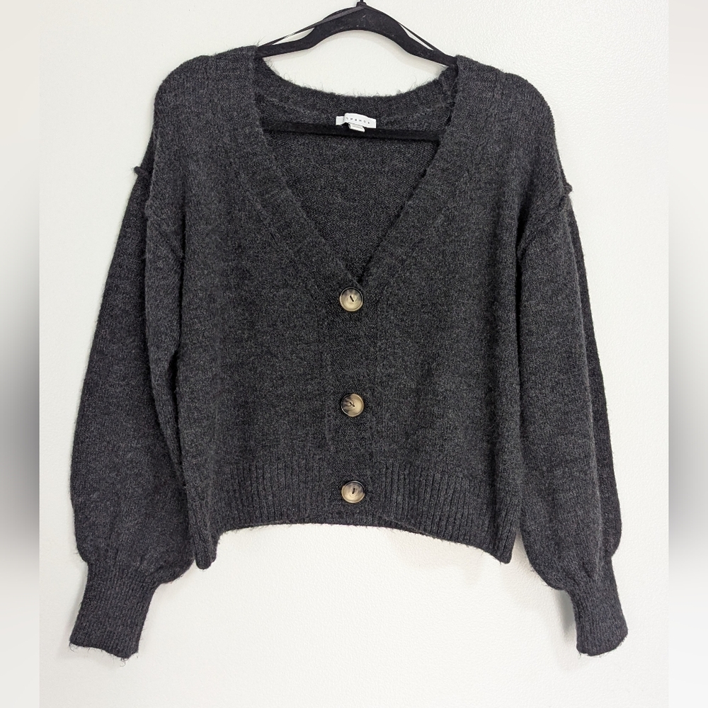 Topshop‎ Dark Gray Long Puff Sleeve V Neck Cardigan Sweater Size 4-6 - Picture 2 of 9